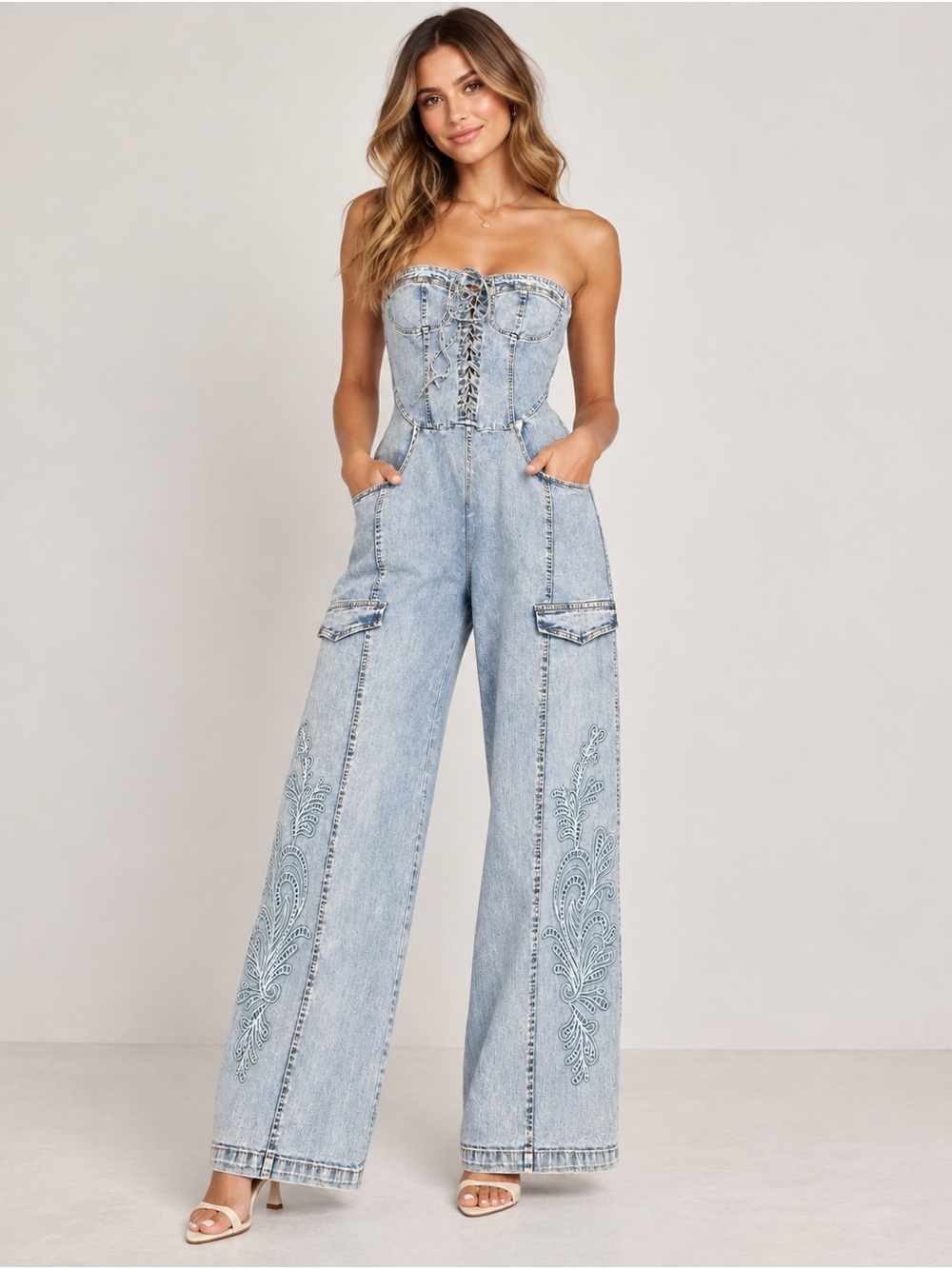 Ten/22 Denim Corset Jumpsuit Embroidered Cargo Wide Leg Medium NWT Style